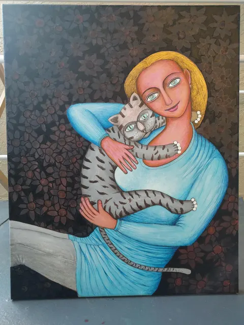 Cat with Woman in Blue — Acrylic on canvas by Indian artist B. Jayaram