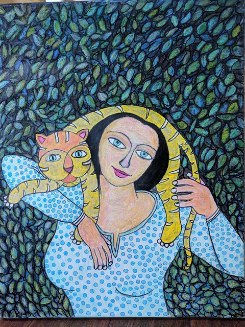 Cat with Woman — Under the Canopy — Acrylic on canvas by Indian artist B. Jayaram