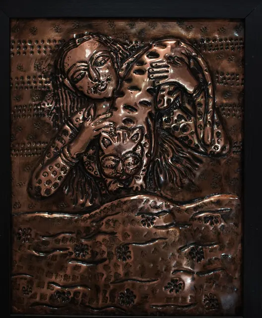Cat with Woman X — Relief on copper by Indian artist B. Jayaram