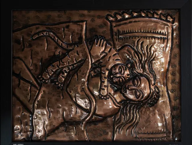 Cat with Woman XI — Relief on copper by Indian artist B. Jayaram