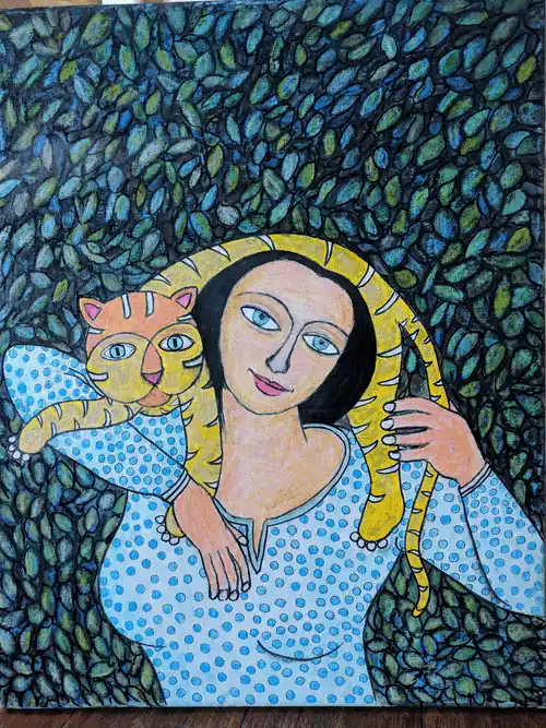 Cat with Woman — Under the Canopy, acrylic on canvas by B. Jayaram