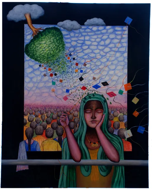 Kites I — Mixed media on canvas by Indian artist B. Jayaram