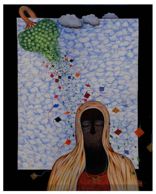Kites III — Mixed media on canvas by Indian artist B. Jayaram