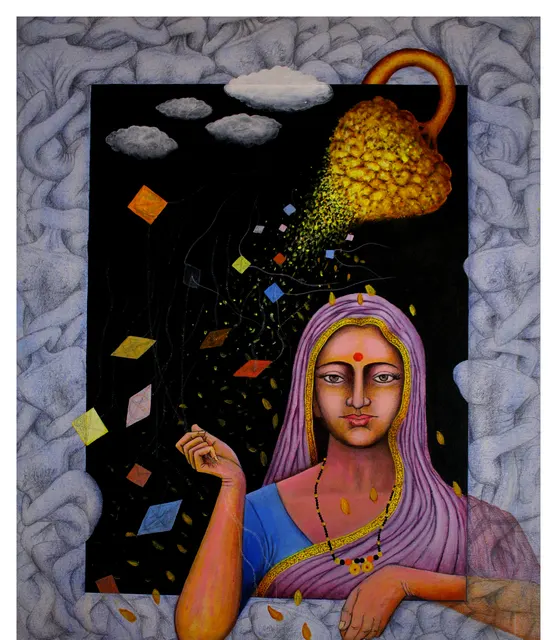 Kites IV — Mixed media on canvas by Indian artist B. Jayaram