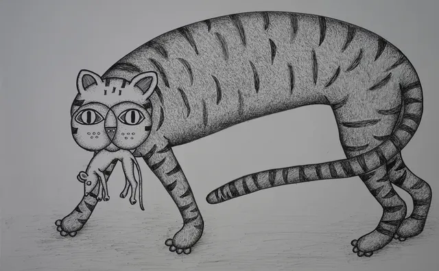 Cat — Pen and ink on paper by Indian artist B. Jayaram