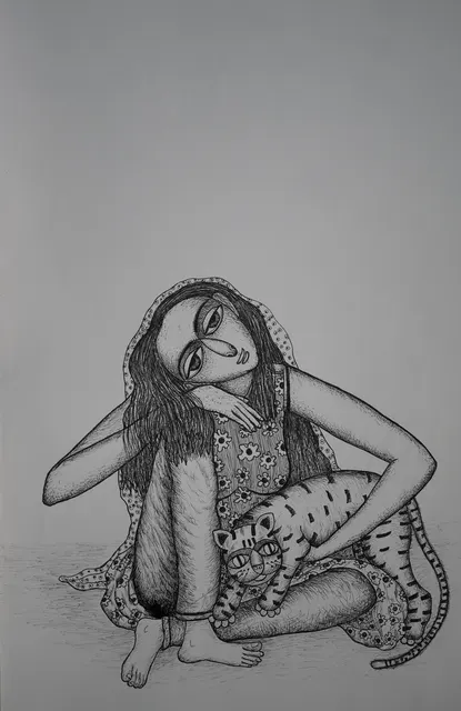 Cat Study II — Pen and ink on paper by Indian artist B. Jayaram