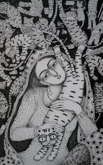 Cat with Woman — Dreamer — Pen and ink on paper by Indian artist B. Jayaram