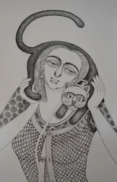 Cat Study IV — Pen and ink on paper by Indian artist B. Jayaram
