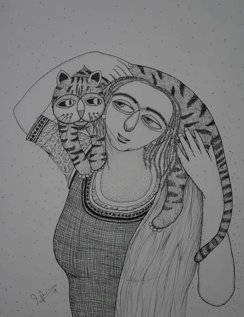 Cat Study V — Pen and ink on paper by Indian artist B. Jayaram