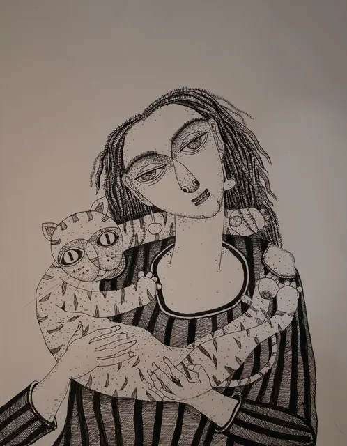 Cat Study VI — Pen and ink on paper by Indian artist B. Jayaram