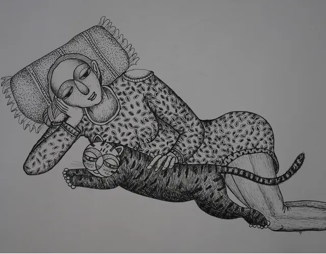 Cat Study VII — Pen and ink on paper by Indian artist B. Jayaram