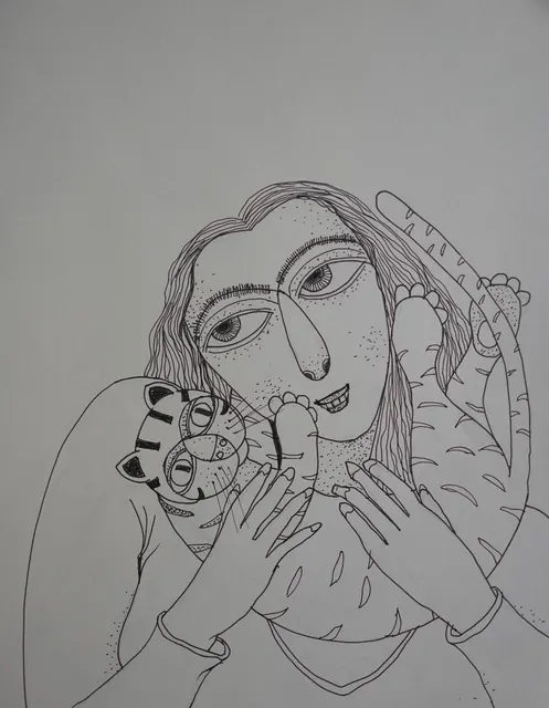 Cat Study VIII — Pen and ink on paper by Indian artist B. Jayaram
