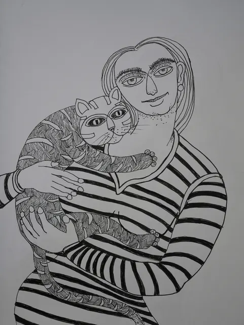 Cat Study XII — Pen and ink on paper by Indian artist B. Jayaram
