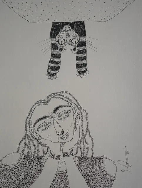 Cat Study XIII — Pen and ink on paper by Indian artist B. Jayaram