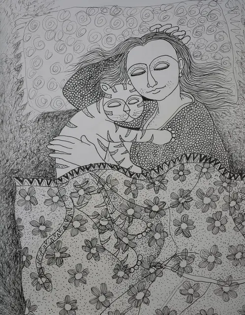 Cat Study XV — Pen and ink on paper by Indian artist B. Jayaram