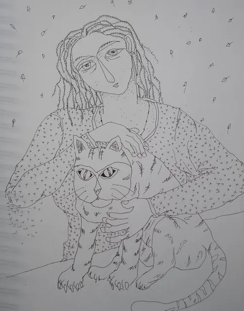 Cat Study XVI — Pen and ink on paper by Indian artist B. Jayaram