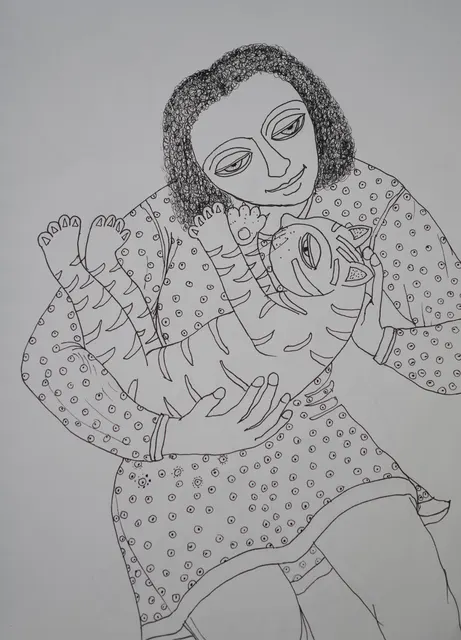Cat Study XIX — Pen and ink on paper by Indian artist B. Jayaram